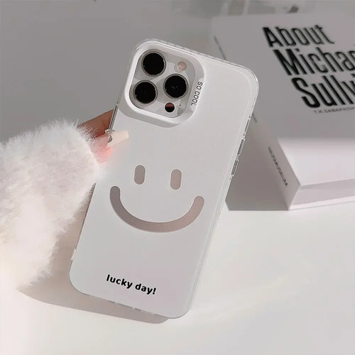 Cute Smiling Face White Phone Cases for iPhone 16 Pro Max Plus 15 14 13 12 11 Cool Minimalist Phone Covers